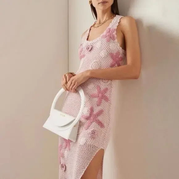 LoveShackFancy Shelburne Crochet Cotton Midi Dress Pink Floral EUC Medium